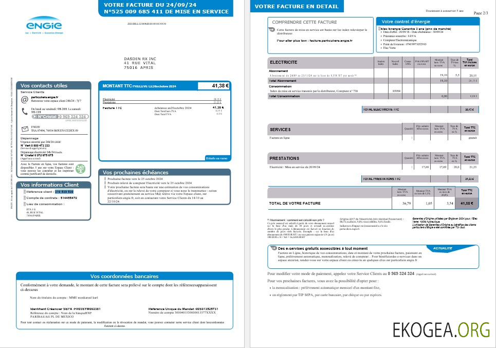 ROYAUME UNI ENGIE facture de services publics pour entreprises Modèle Word et PDF 1 2